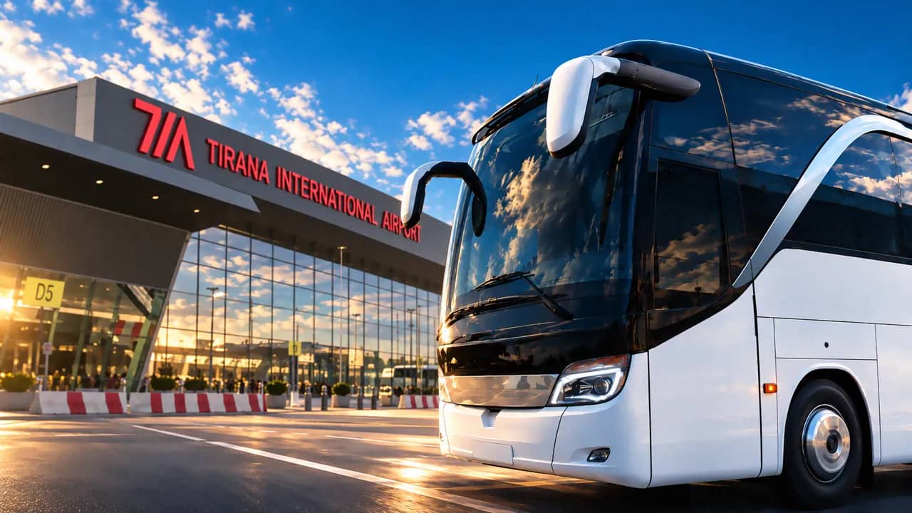 Autobusi i Luna Travel para terminalit të Aeroportit Ndërkombëtar të Tiranës